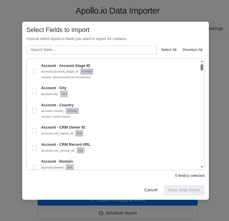 Custom fields mapping view in Apollo Data Importer
