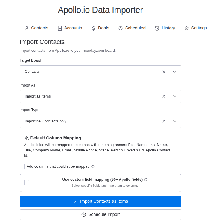 Import tab in Apollo Data Importer