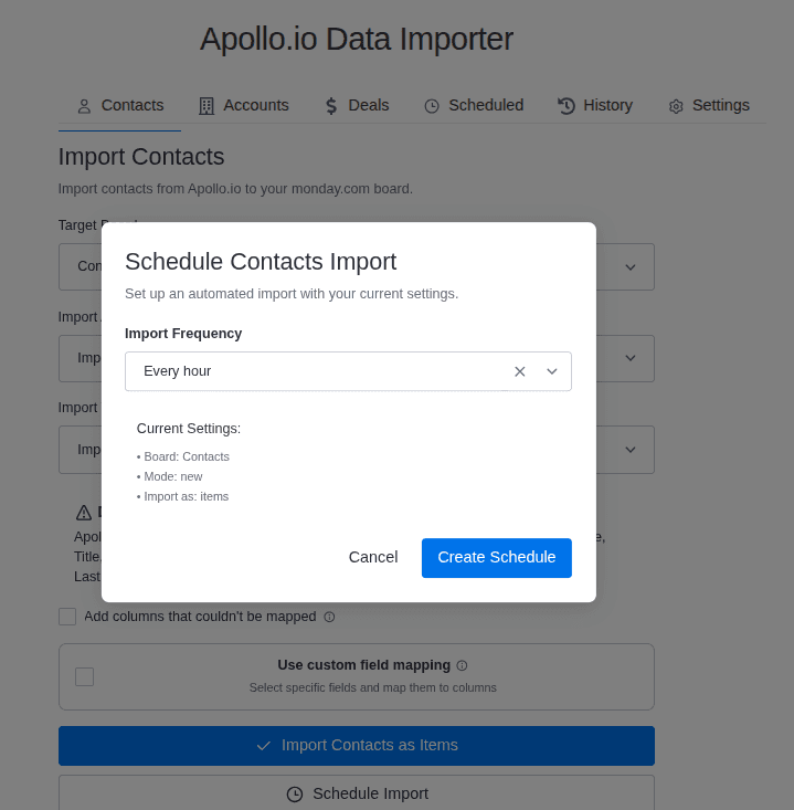 Schedule set-up view in Apollo Data Importer