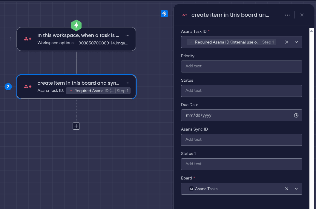 Choosing the board where you want to add items in the Asana Integration Plus app