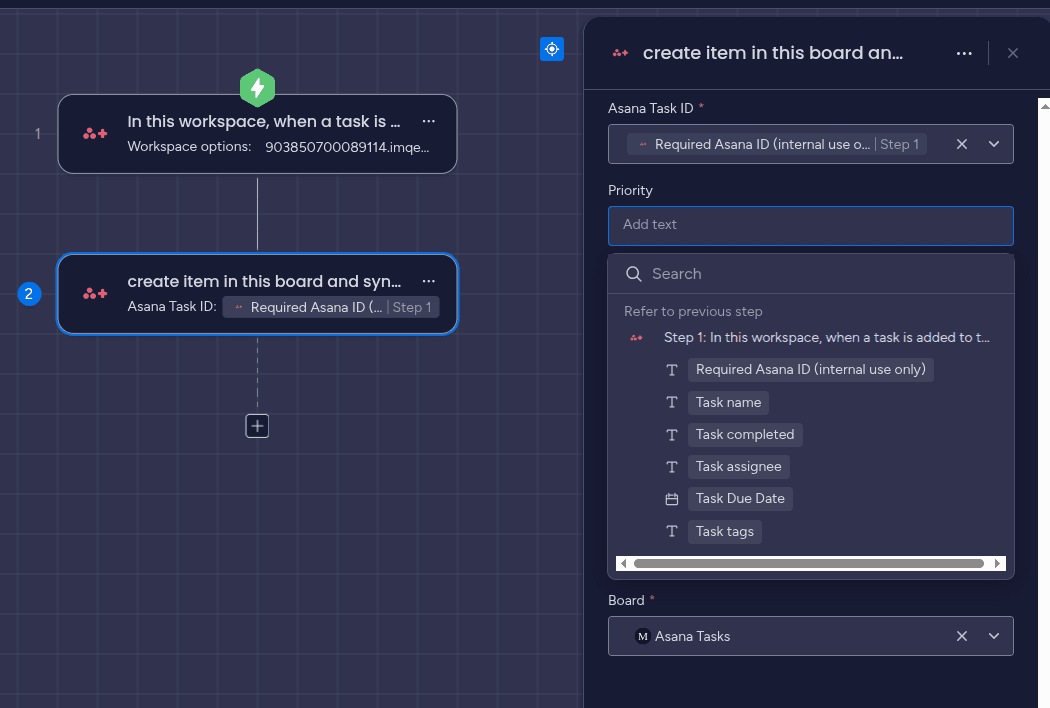 Populating the item fields with values from the trigger in the Asana Integration Plus app