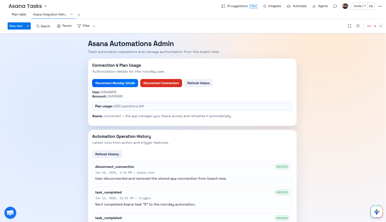 Admin page of the Asana Integration Plus app