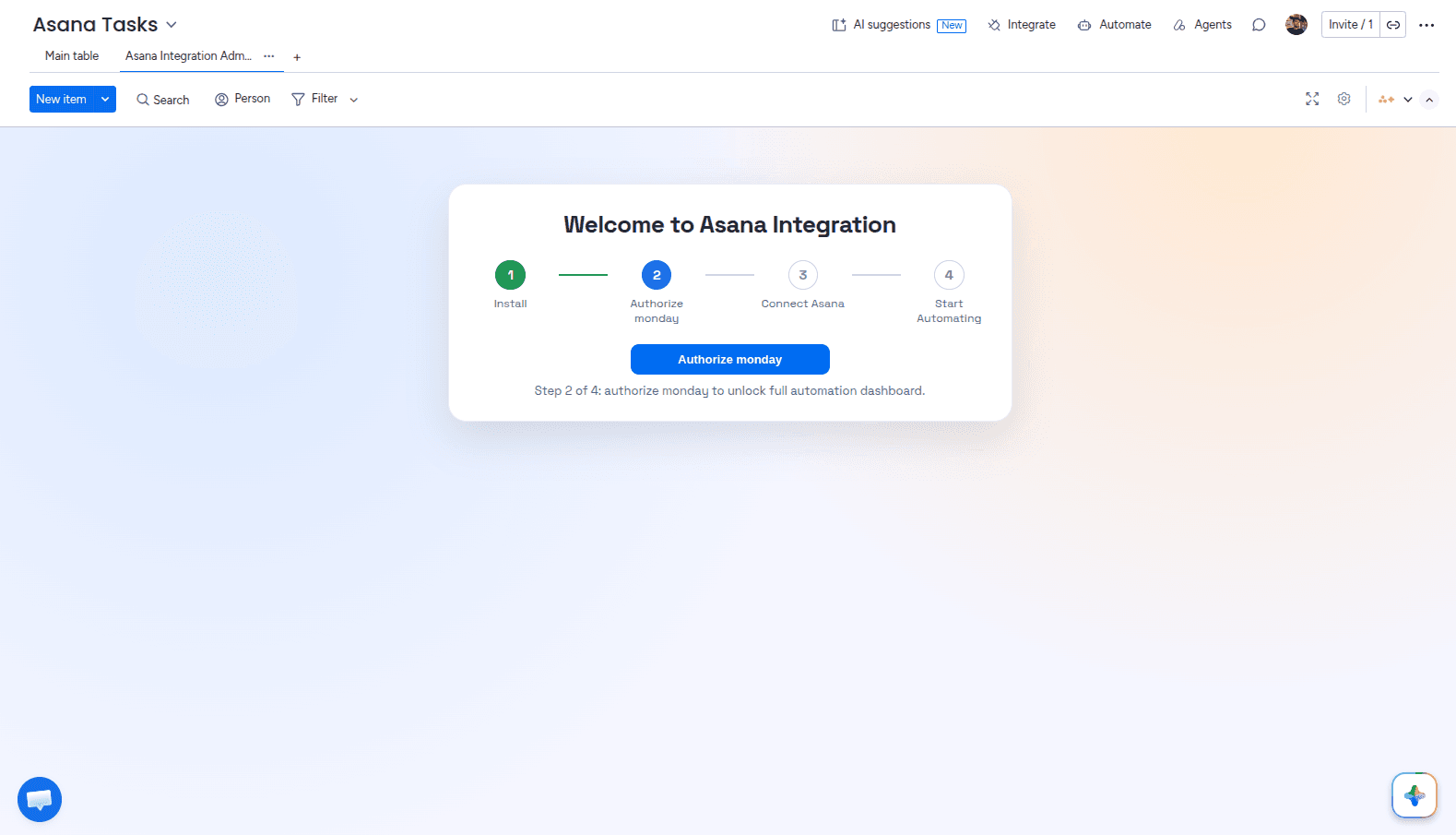 Authorize monday.com in the Admin UI of the Asana Integration Plus app
