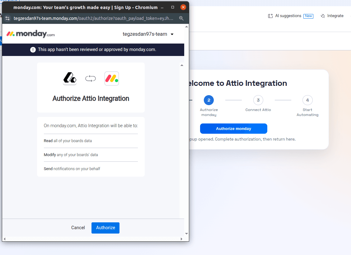 Authorize monday.com popup