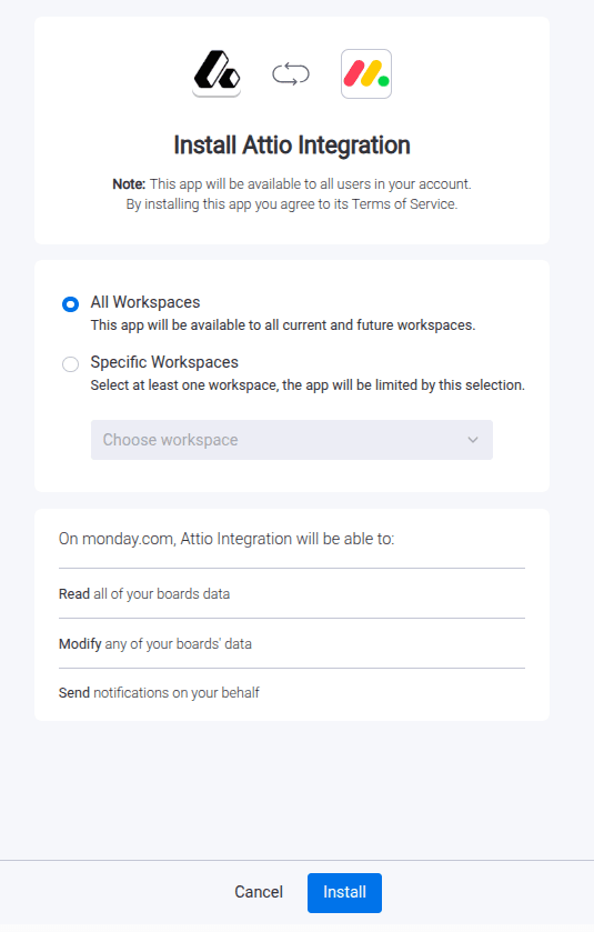 Install the Attio Integration app from the monday.com marketplace