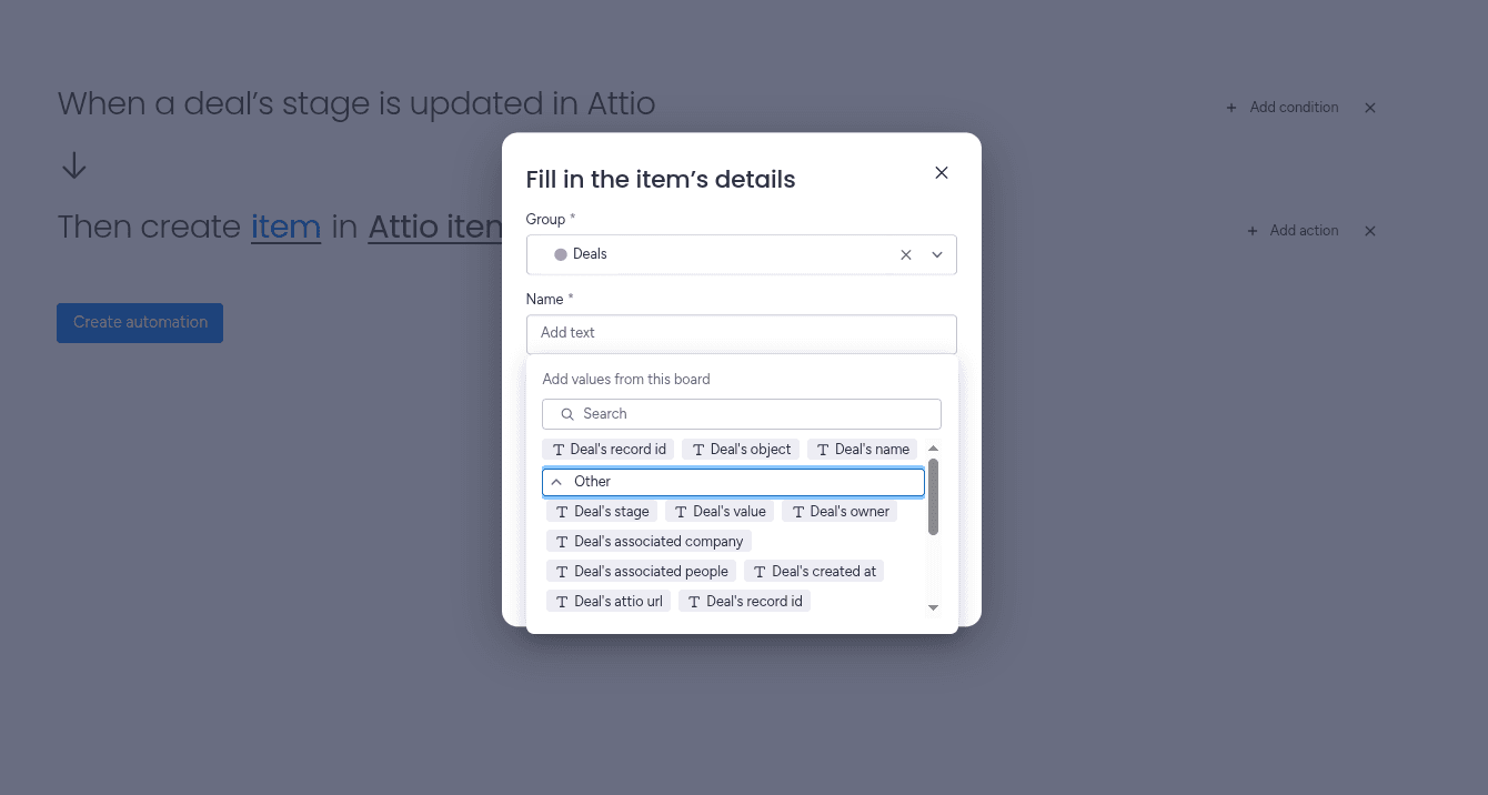 Setting up the fields with the desired mapping in the Attio automation