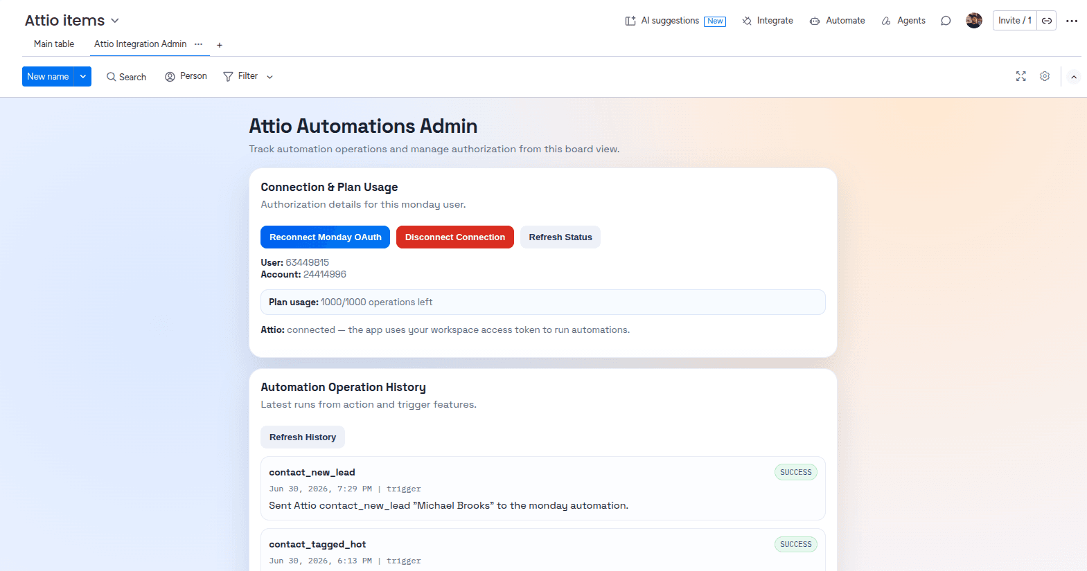 Admin page of the Attio Integration app