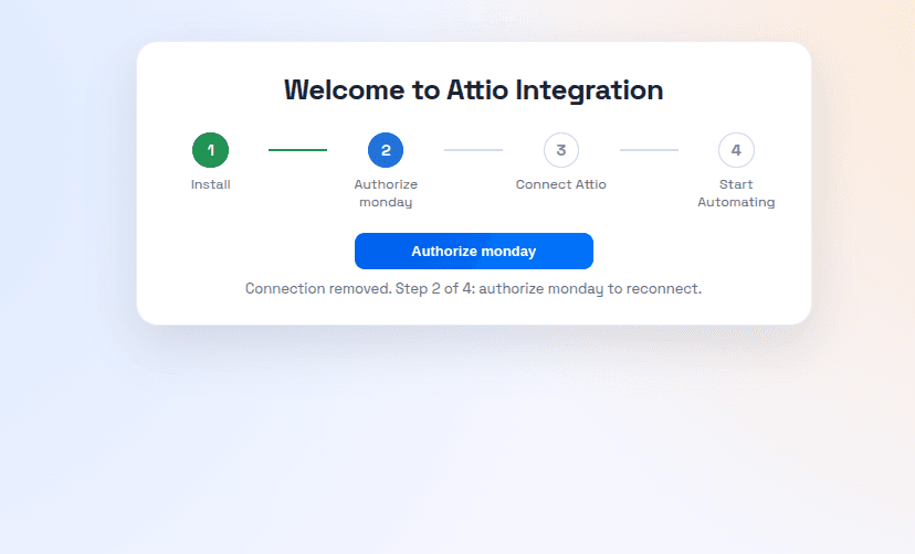 Authorize monday.com in the Admin UI of the Attio Integration app