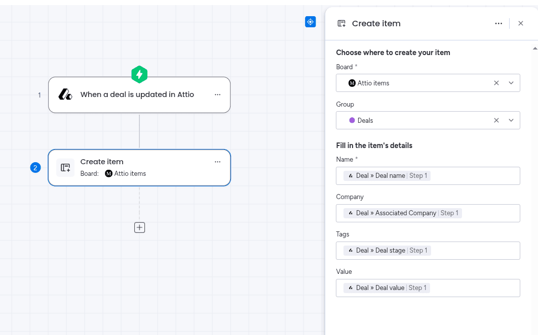 Populating the item fields with values from the trigger in the Attio app