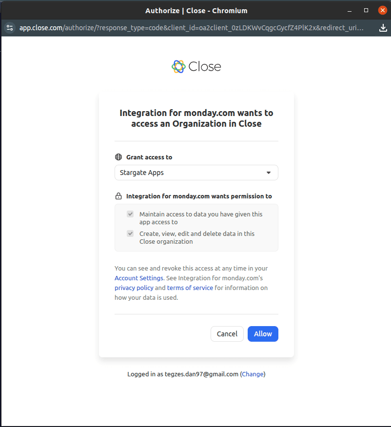 Authorizing your Close account in the automation