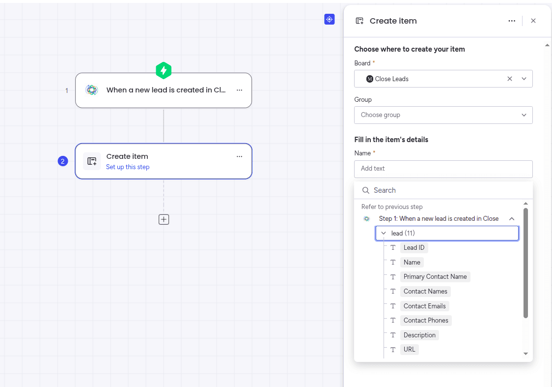 Mapping the fields with options from the trigger in the Close app