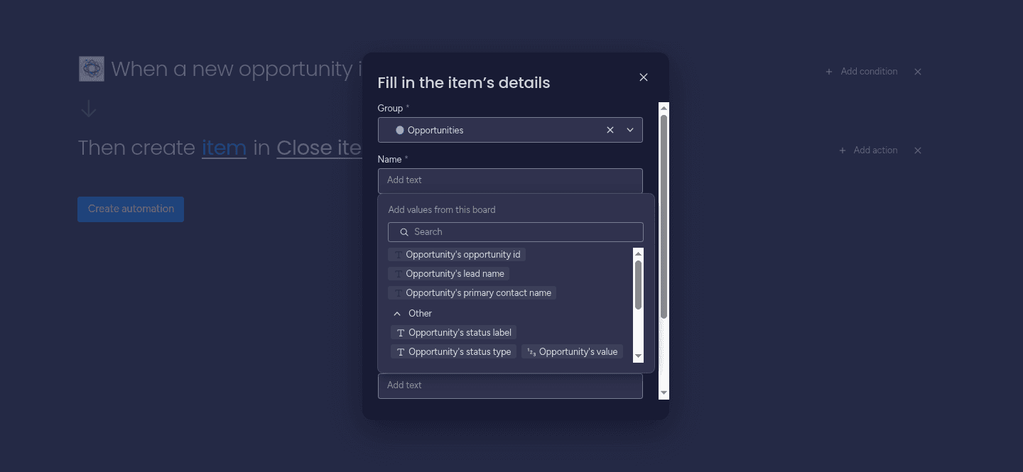 Setting up the fields with the desired mapping in the Close Integration automation