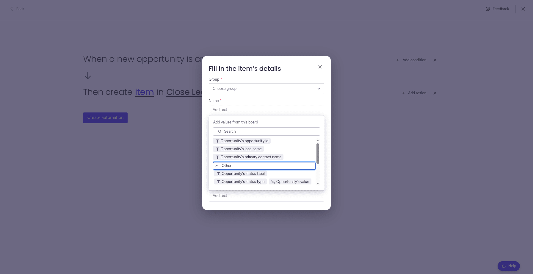 Setting up the fields with the desired mapping in the Close automation