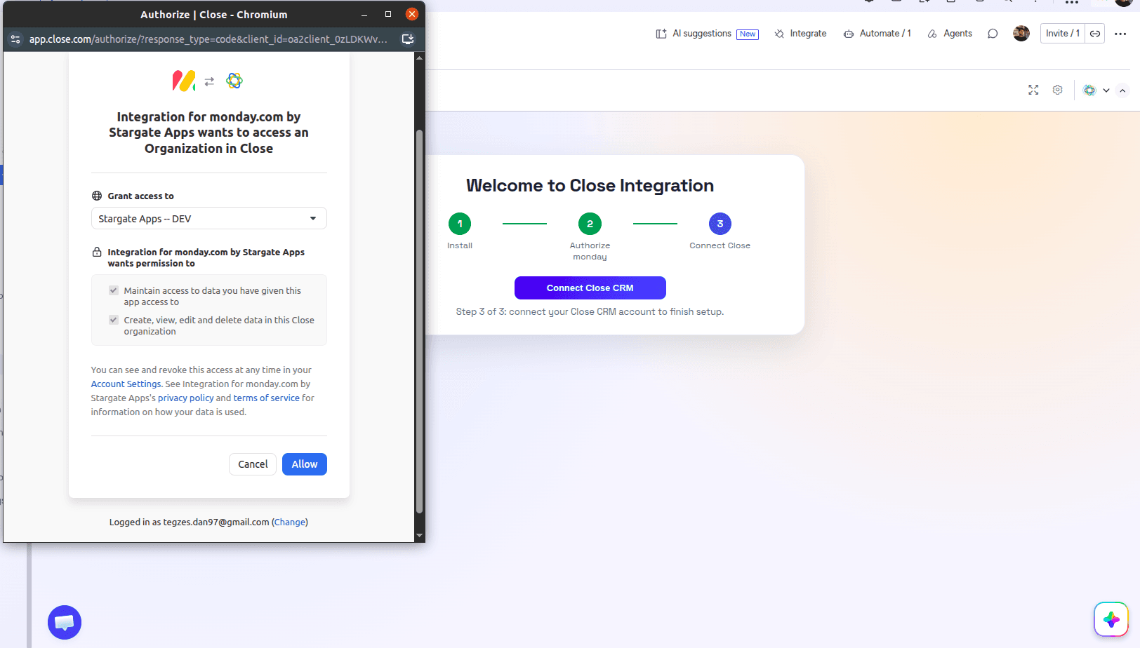 Authorize Close in the Admin UI of the Close Integration app