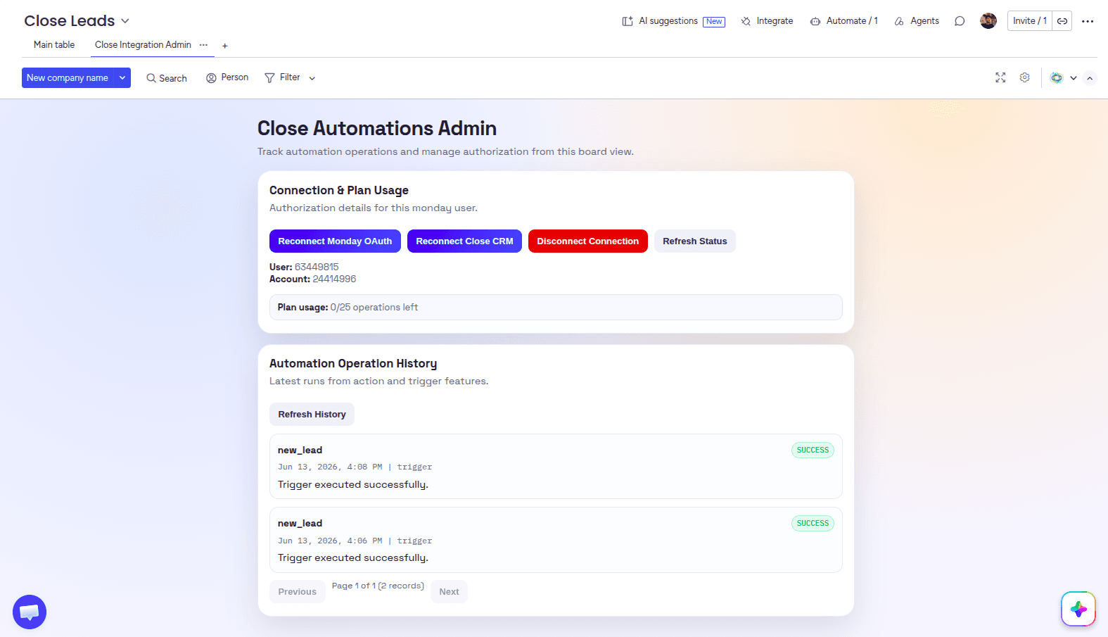 Admin page of the Close Integration app