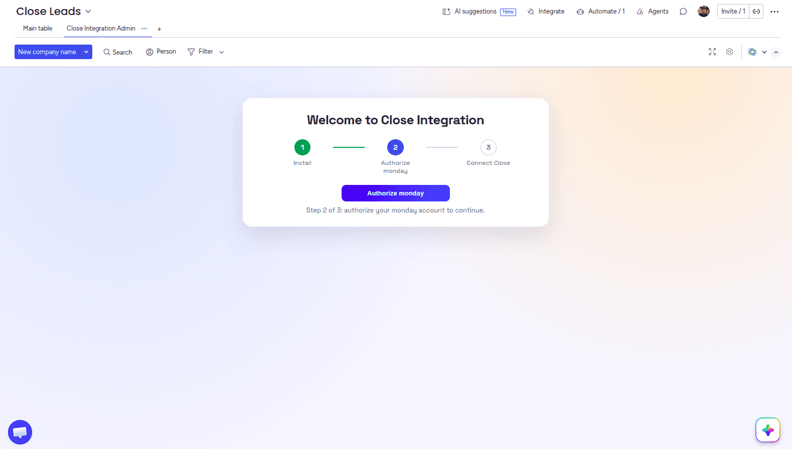 Authorize monday.com in the Admin UI of the Close Integration app