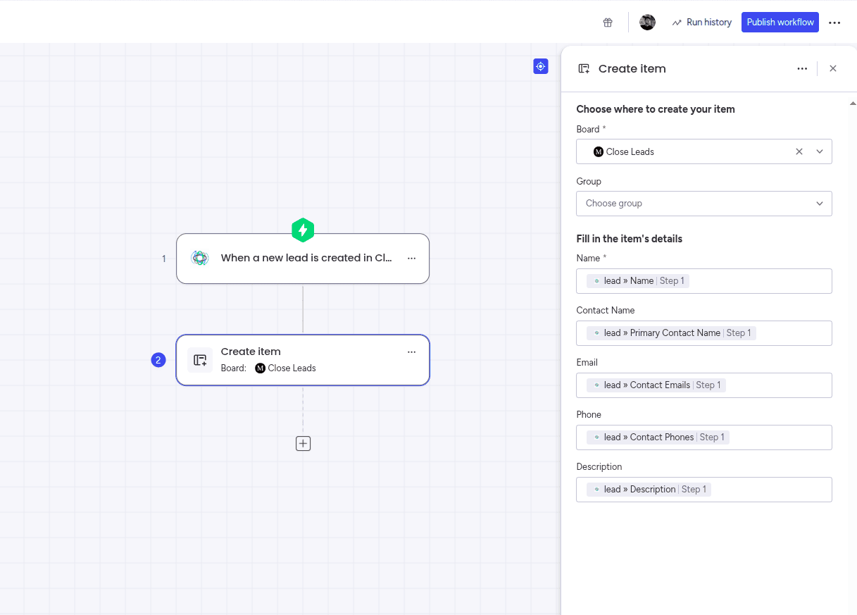 Populating the item fields with values from the trigger in the Close app