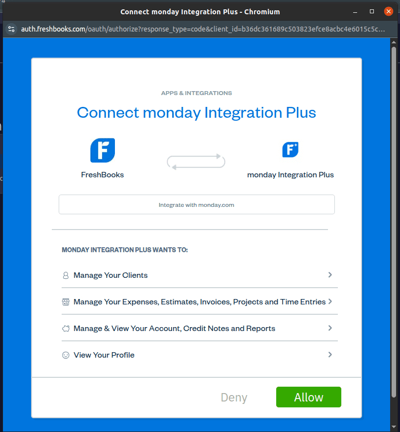 Authorizing your Freshbooks account in the automation