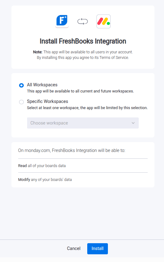 Install the FreshBooks Integration app from the monday.com Marketplace