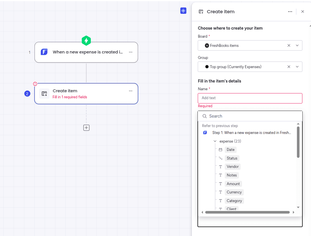 Mapping the fields with options from the trigger in the FreshBooks app