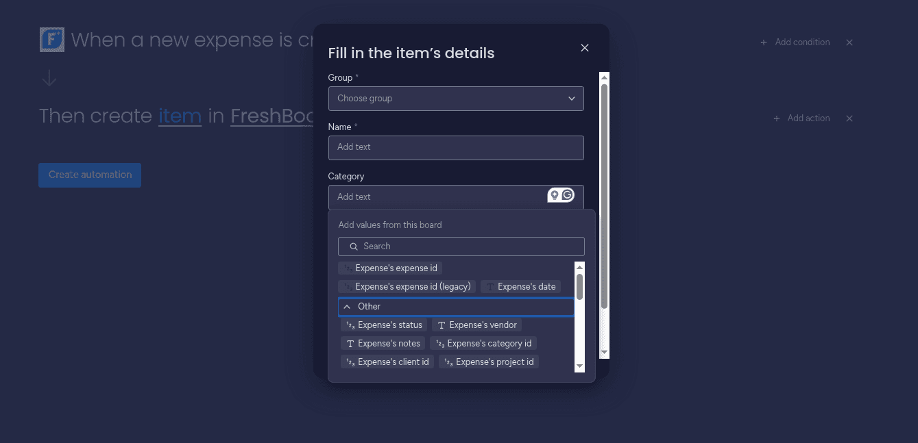 Setting up the fields with the desired mapping in the Freshbooks Integration automation