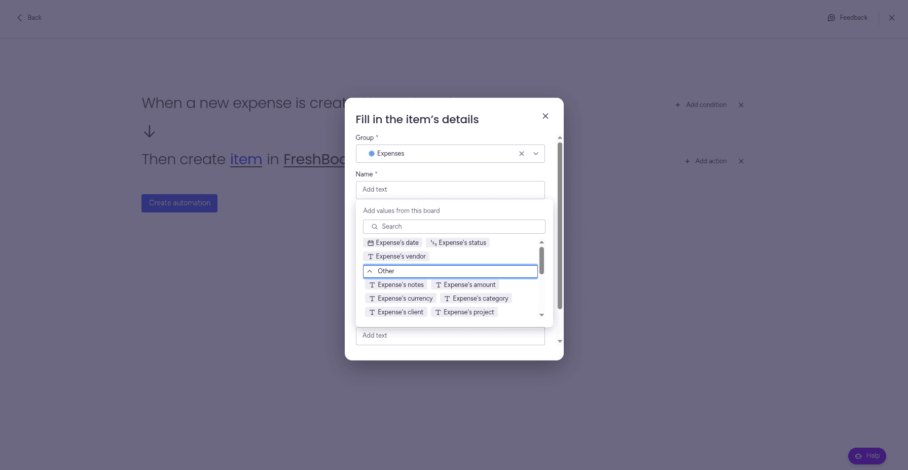 Setting up the fields with the desired mapping in the FreshBooks automation