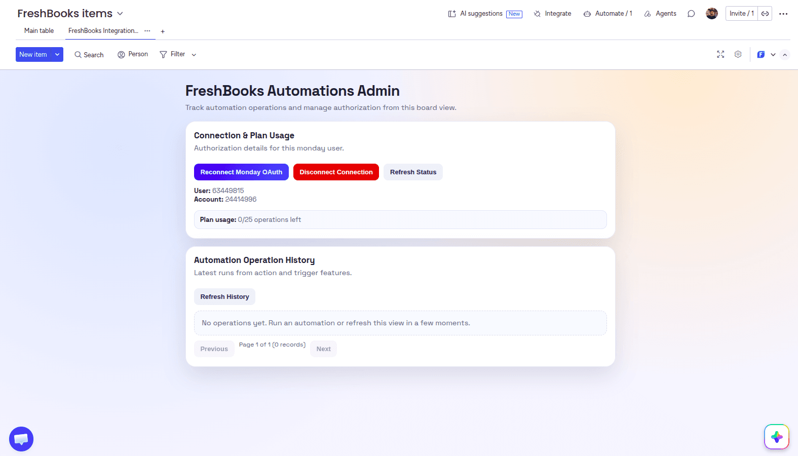 Admin page of the FreshBooks Integration app