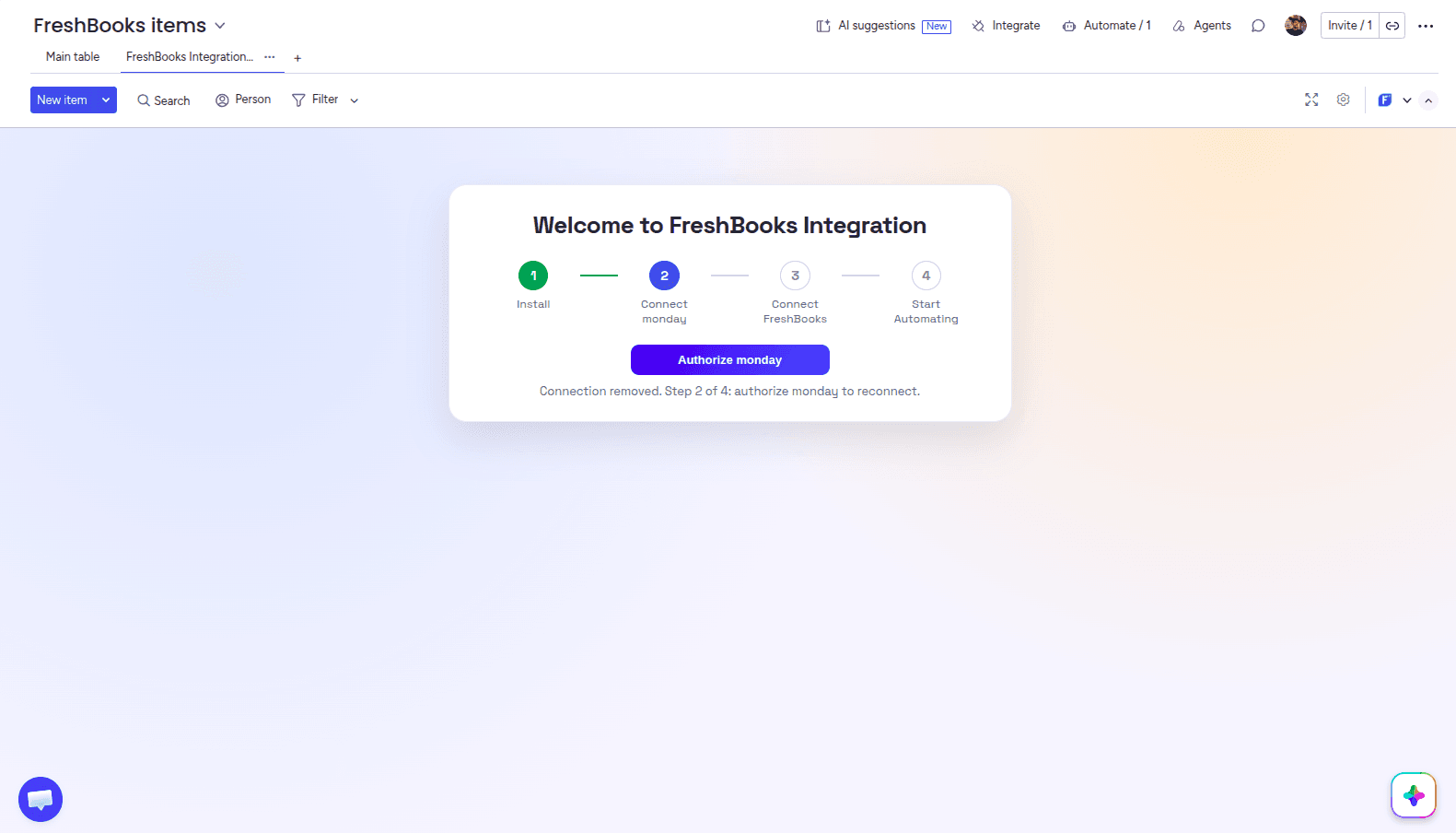 Authorize monday.com in the Admin UI of the FreshBooks Integration app