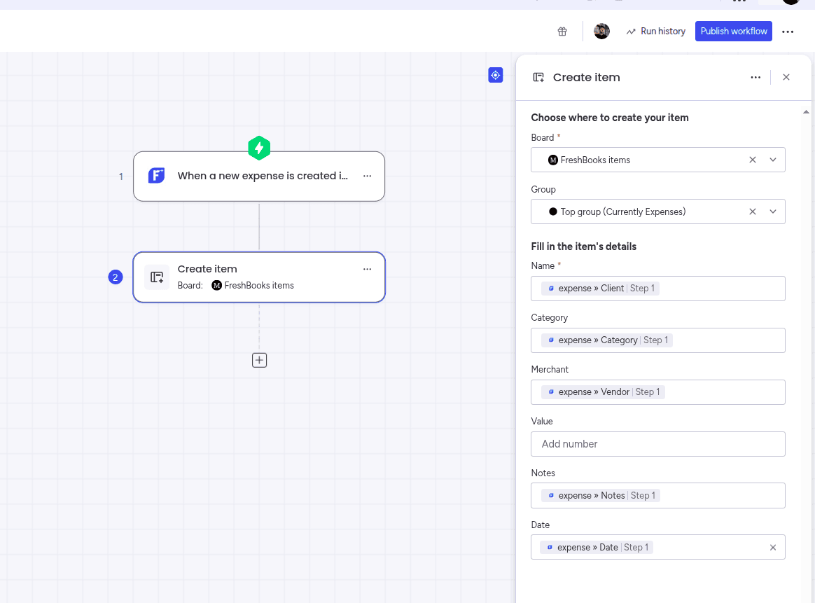 Populating the item fields with values from the trigger in the FreshBooks app
