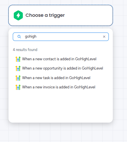 Search for GoHighLevel in the Integrate section of a monday.com workflow