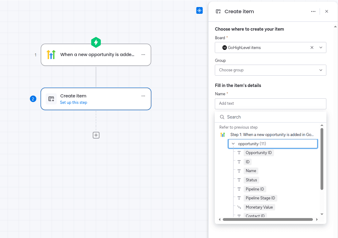 Mapping the fields with options from the trigger in the GoHighLevel Integration app