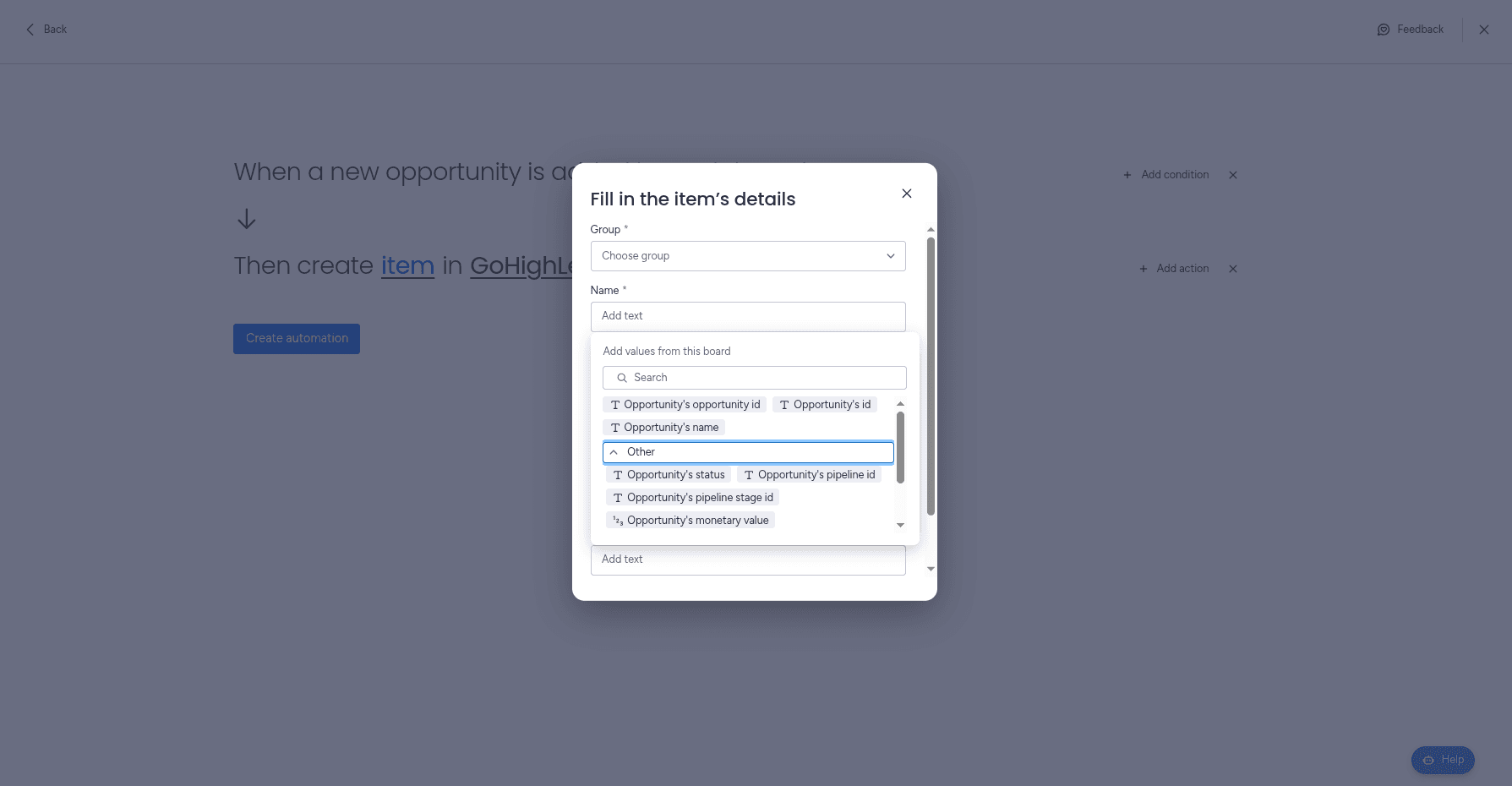 Setting up the fields with the desired mapping in the GoHighLevel automation