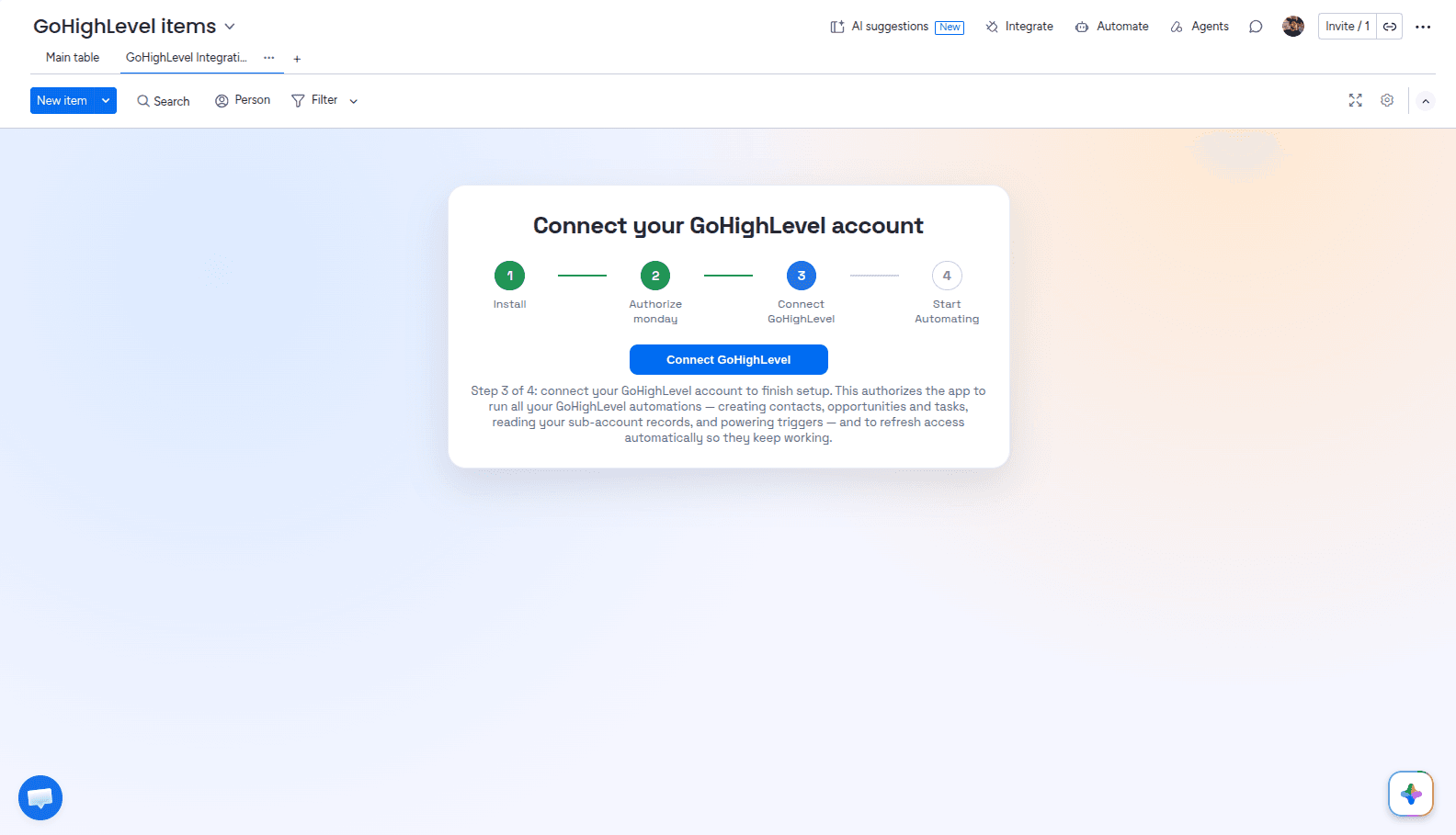 Authorize GoHighLevel in the Admin UI of the GoHighLevel Integration app