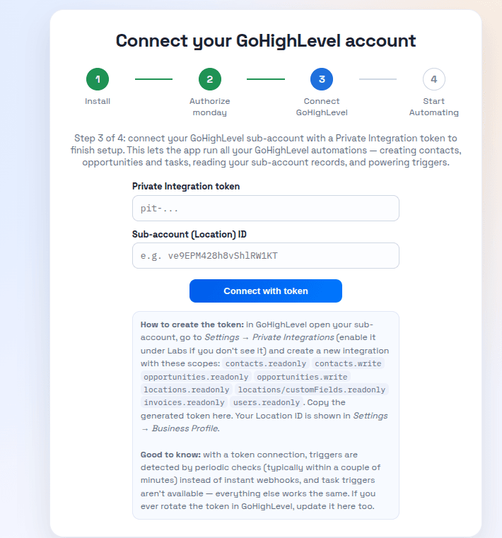 Authorize GoHighLevel in the Admin UI of the GoHighLevel Integration app using private integrations key