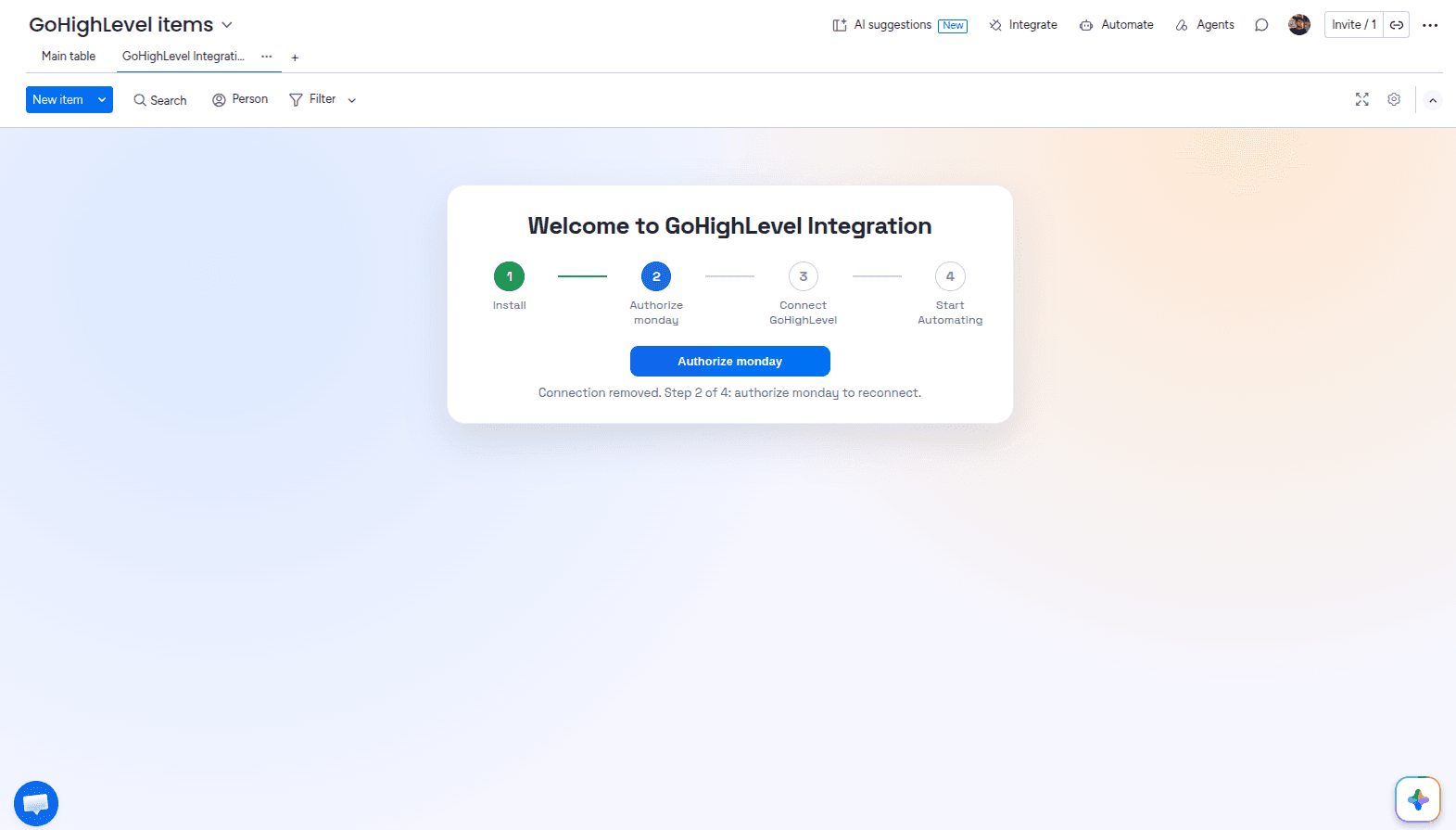 Authorize monday.com in the Admin UI of the GoHighLevel Integration app
