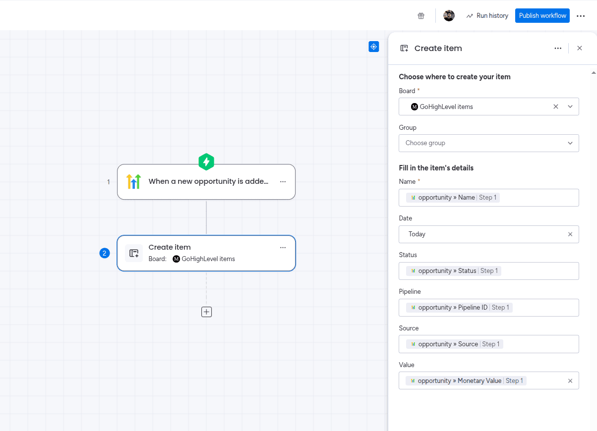 Populating the item fields with values from the trigger in the GoHighLevel Integration app