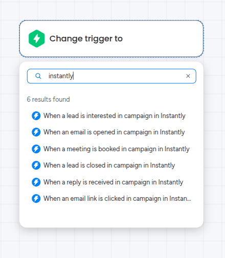 Search for Instantly in the Integrate section of a monday.com workflow