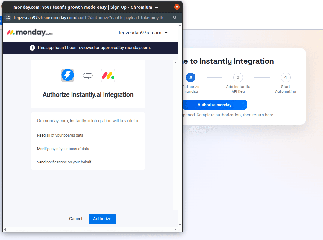 Confirming access in the monday.com authorization pop-up