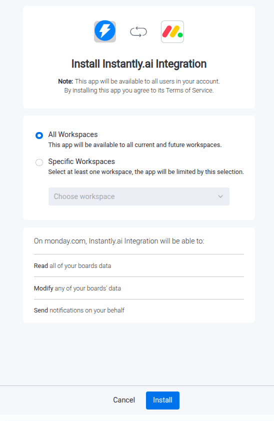 Install the Instantly Integration app from the monday.com Marketplace