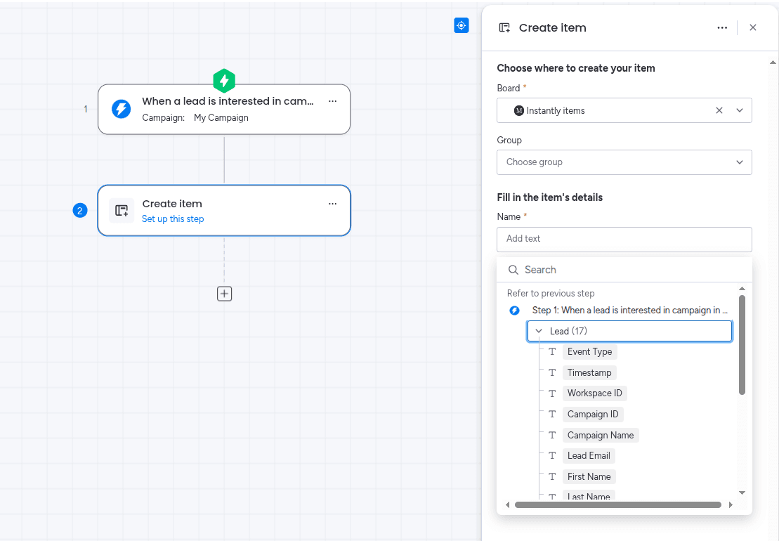 Mapping the fields with options from the trigger in the Instantly Integration app