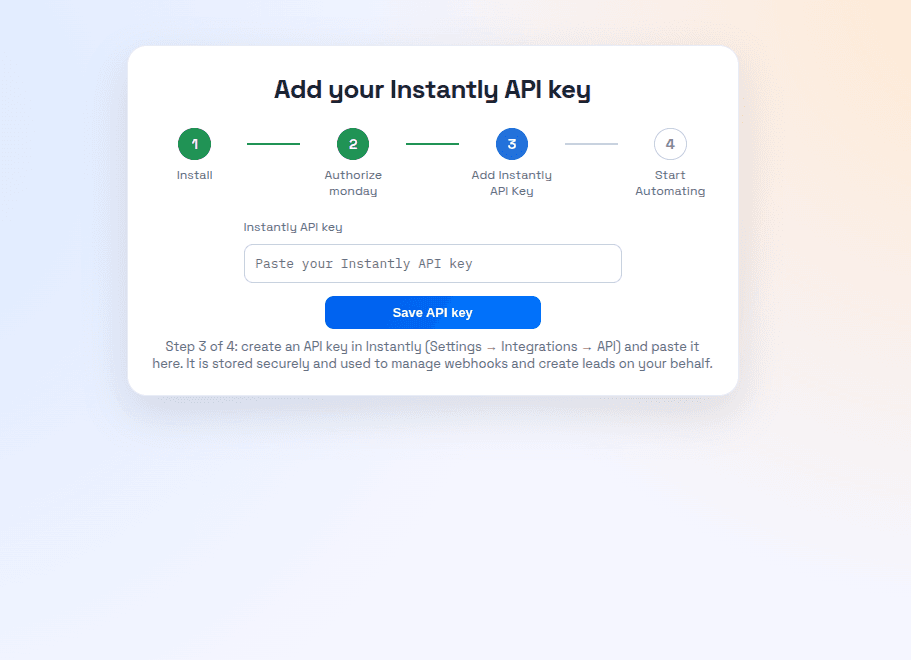 Adding the Instantly.ai API key in the Admin UI of the Instantly Integration app
