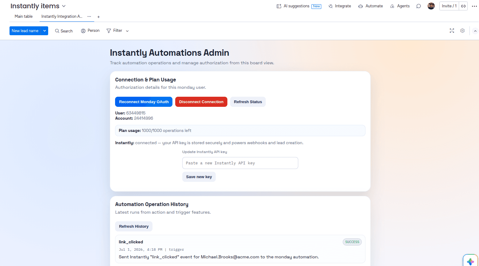 The Instantly Integration admin page showing connections, plan usage, and automation history