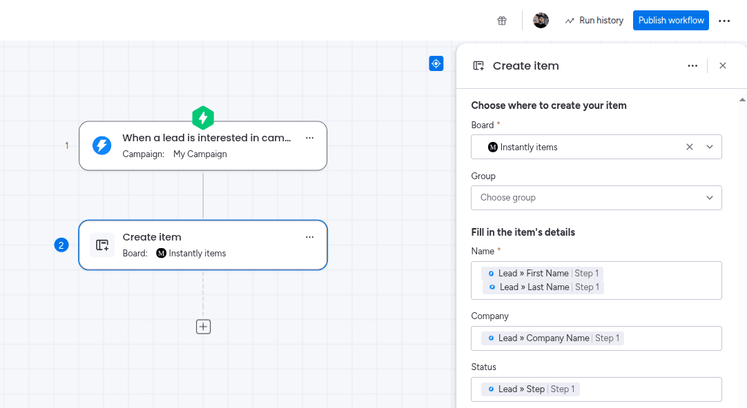 Populating the item fields with values from the trigger in the Instantly Integration app