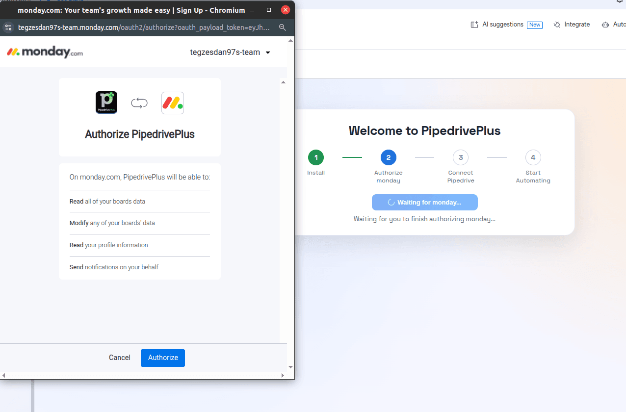 Authorize monday.com popup