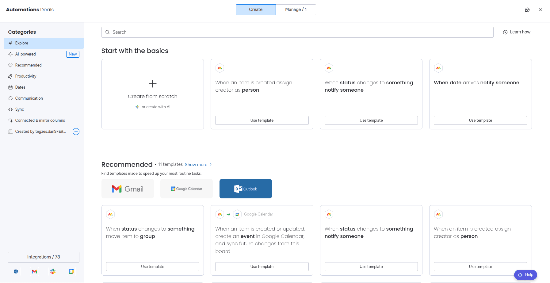 Opening the Automations section and choosing to create a new automation from scratch in the PipedrivePlus app