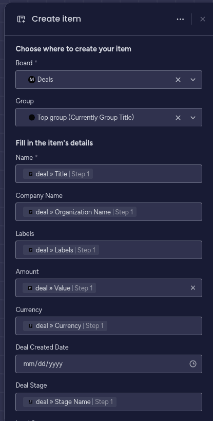 Populating the item fields with values from the trigger in the PipedrivePlus app