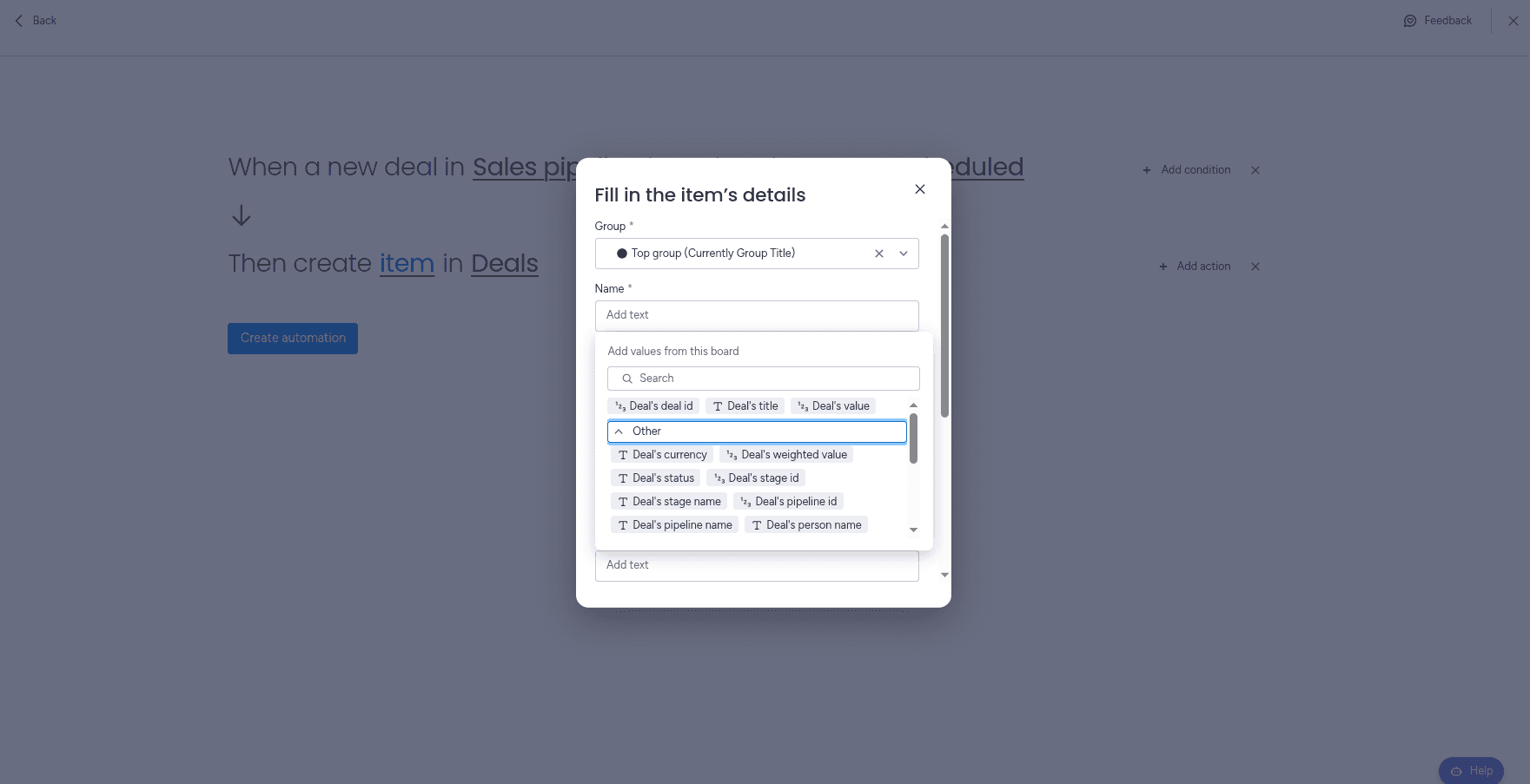 Setting up the fields with the desired mapping in the PipedrivePlus automation