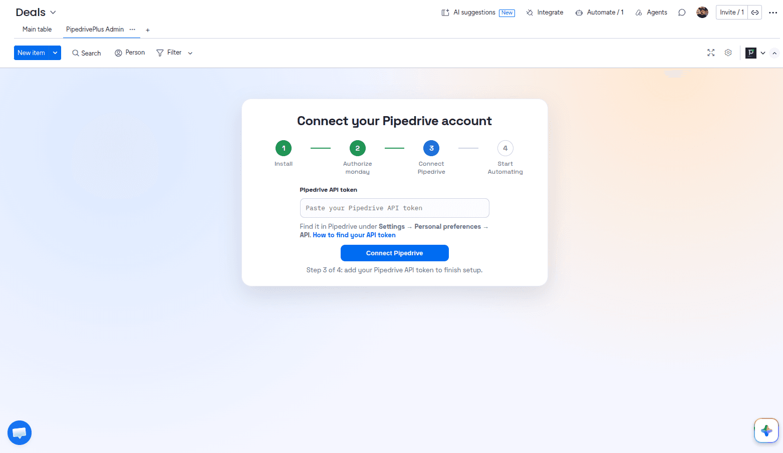 Authorize Pipedrive in the Admin UI of the PipedrivePlus app