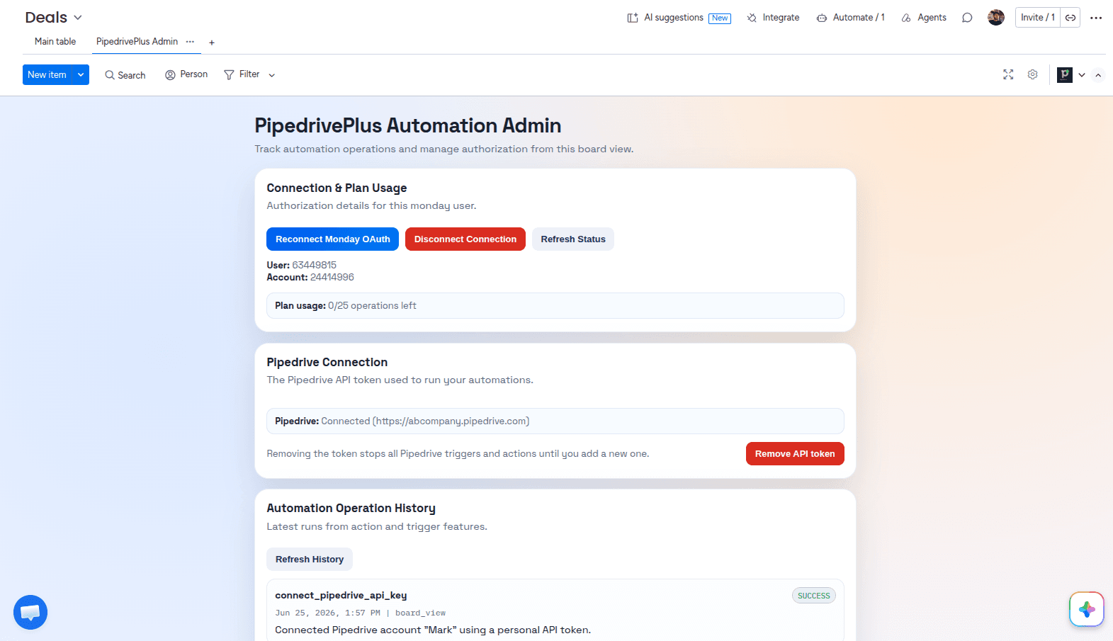 Admin page of the PipedrivePlus app