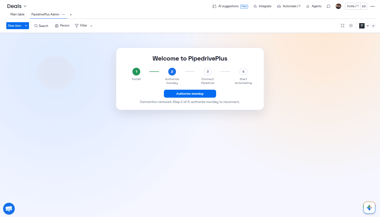 Authorize monday.com in the Admin UI of the PipedrivePlus app